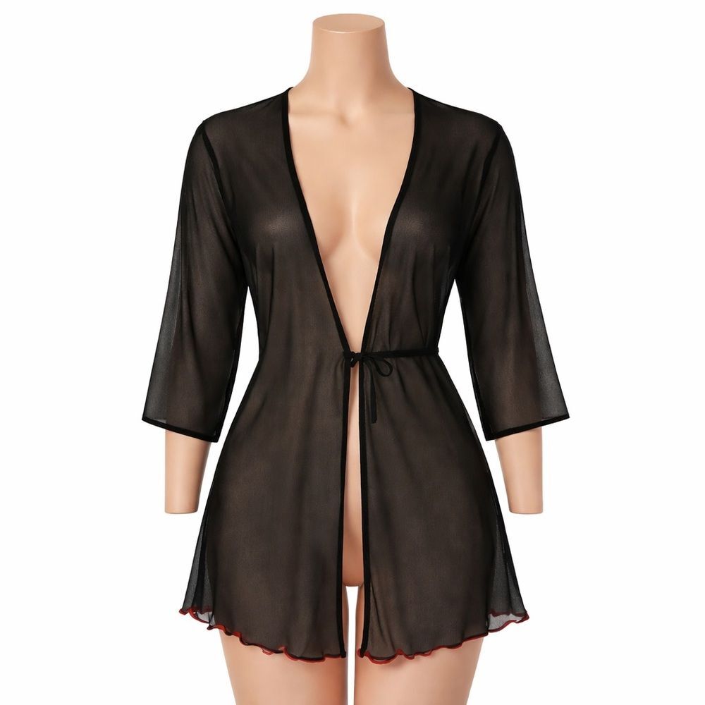 JOSIE NATORI Vintage Mesh Sheer Black Wrap Robe Sz L